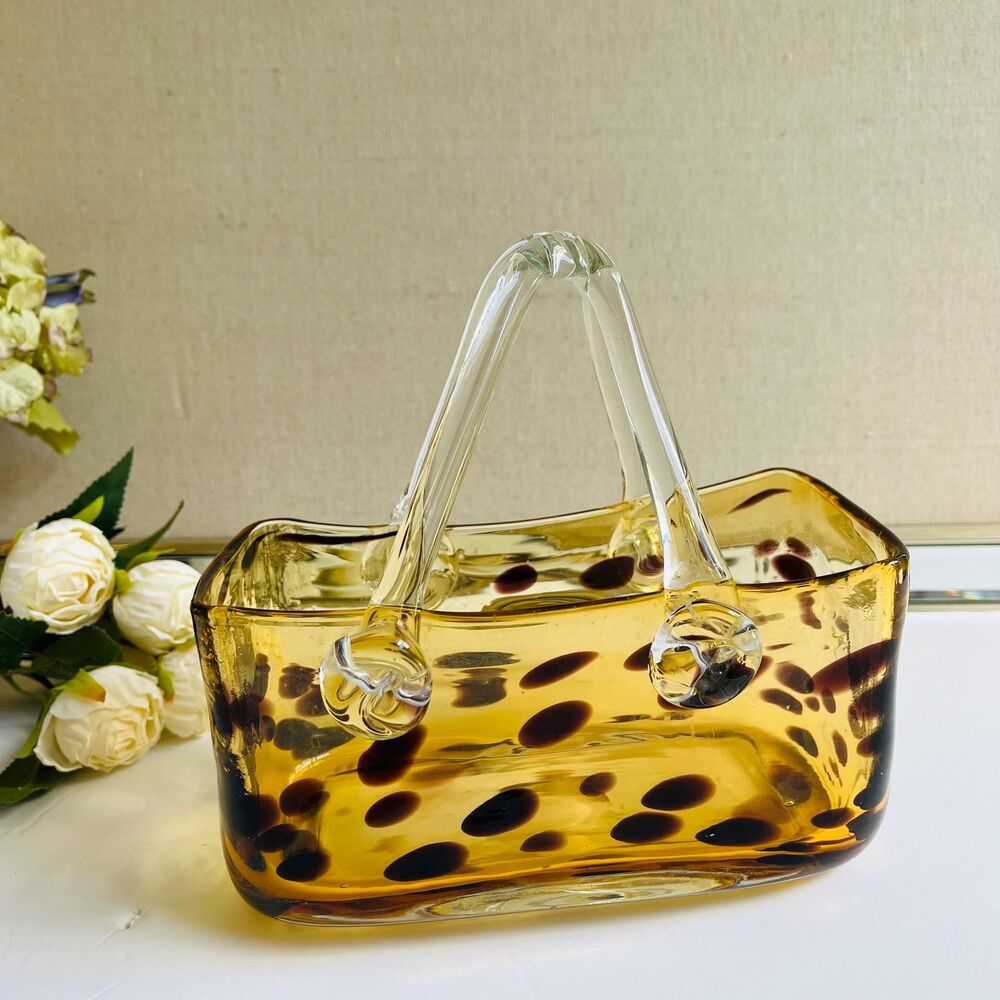 Vintage Murano Style Hand Blown Art Glass Basket Tortoiseshell Vase  7" x 7.25"
